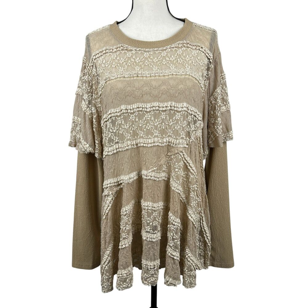 Easel Women’s Tunic Top 3X Beige Lace Layered Long Sleeve Boho Textured Blouse